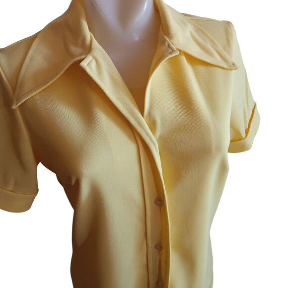 Women's Large Top Vintage 1970's Yellow Pykettes Stretch Knit Polyester Collared - Picture 2 of 5